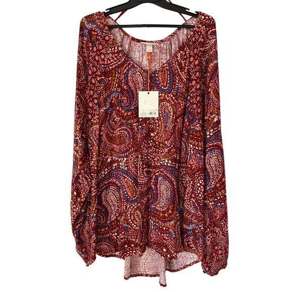 Knox Rose Tunic Blouse Large Multicolor Paisley Boho Peasant Long Sleeve NWT - Picture 1 of 9
